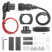 MKR-28 Trolling Motor Plug and Receptacle 1865120 with black and red electrical connectors, mounting hardware, and wiring components for marine electronics installation.