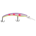 Moonshine Deep Diver fishing lure with a curved body featuring purple, yellow, and red spots, equipped with two treble hooks and a clear diving lip for deep water fishing.