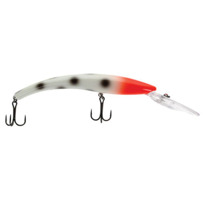 Moonshine Deep Diver fishing lure featuring a curved body with white, black spotted pattern and bright red nose, equipped with two treble hooks for effective fishing tackle.