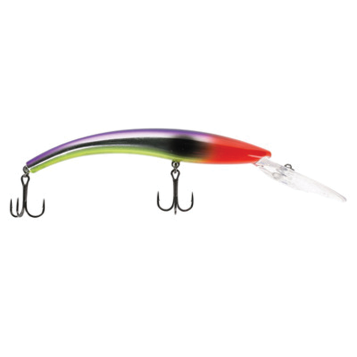 Moonshine Deep Diver fishing lure with a curved, slender body in purple, black, yellow, and red colors, featuring two treble hooks and a clear diving lip for deep water fishing.