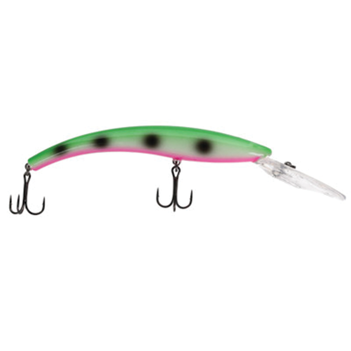 Moonshine Deep Diver fishing lure with a curved green and pink body featuring black spots and two treble hooks, designed for effective deep diving in freshwater fishing.