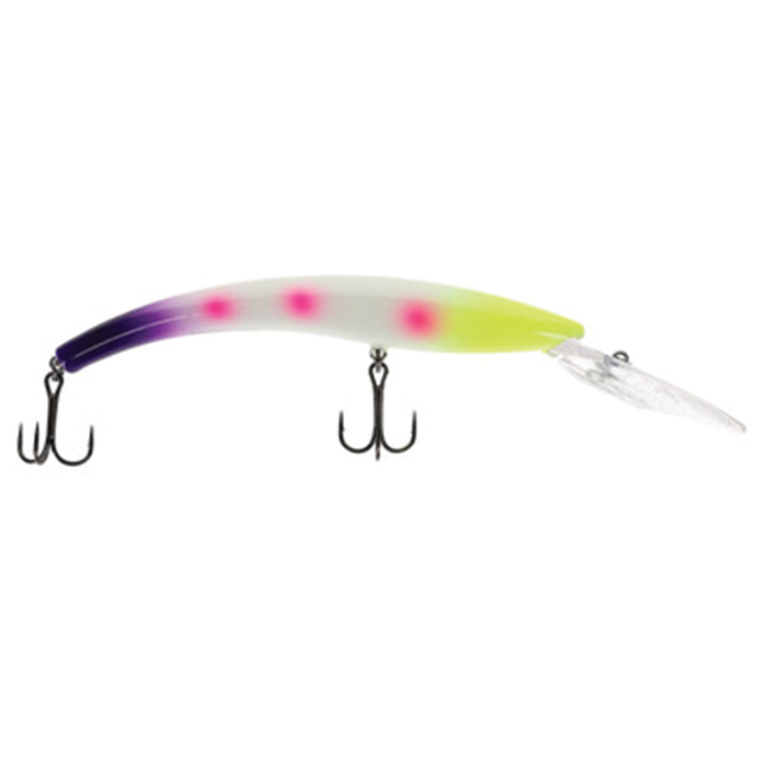 Moonshine Deep Diver fishing lure with a curved body, translucent lip, bright yellow and purple coloring, and two sharp treble hooks for effective fishing tackle.