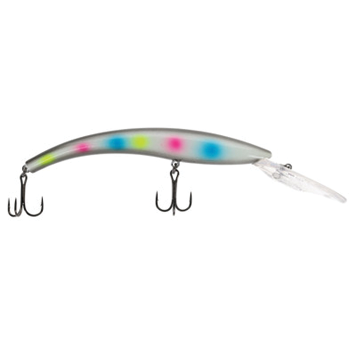Slim, curved Moonshine Deep Diver fishing lure with a silver body featuring blue, pink, and yellow spots, equipped with two black treble hooks and a clear diving lip for deep water fishing.