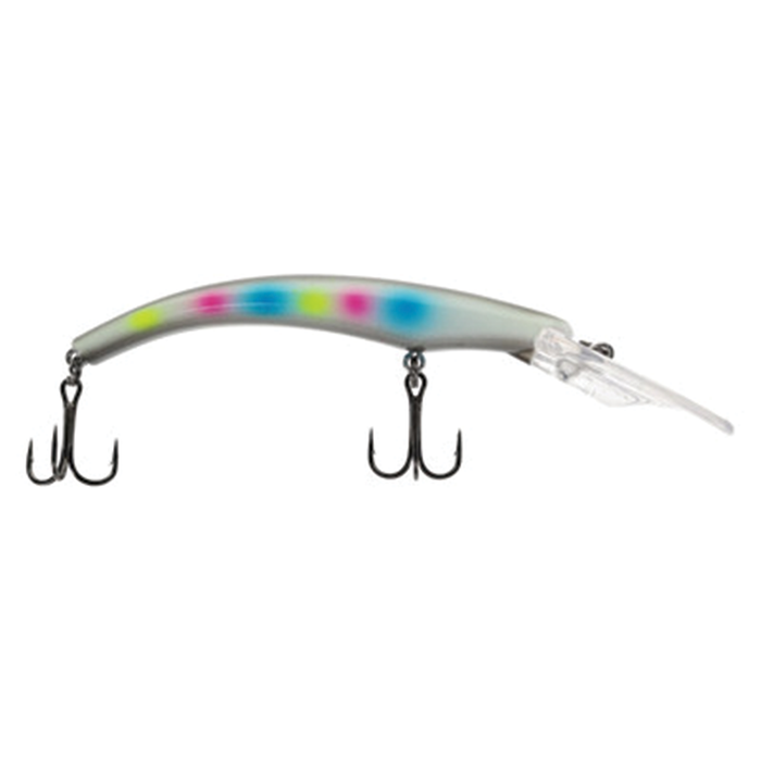 Moonshine Deep Ripper fishing lure with a curved, slender body featuring multi-colored dots and two treble hooks, designed for effective fishing tackle performance.