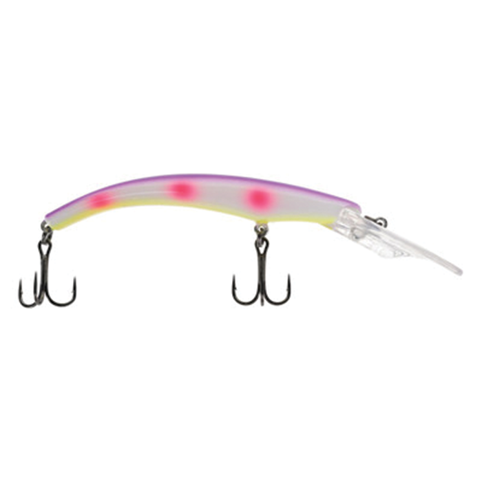 Moonshine Deep Ripper fishing lure with a curved translucent body, purple top, yellow underside, red spots, and two treble hooks for effective fishing tackle.