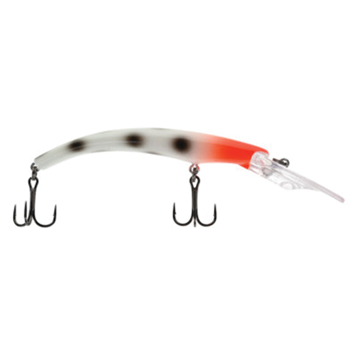 Moonshine Deep Ripper fishing lure with a white body, black spots, and bright orange head, featuring two treble hooks and a clear angled lip for deep water fishing.