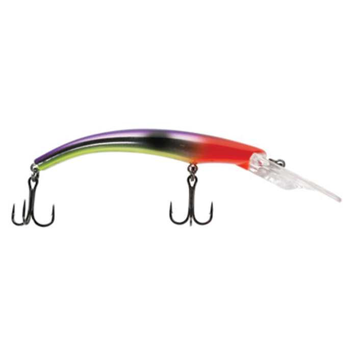 Moonshine Deep Ripper fishing lure with a curved body in purple, green, black, and red colors, featuring two treble hooks and a clear plastic diving lip.