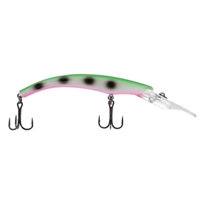 Moonshine Deep Ripper fishing lure with a curved green and pink body, black spots, clear diving lip, and two treble hooks designed for musky and freshwater fishing tackle.