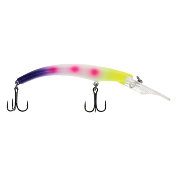Moonshine Deep Ripper fishing lure with a curved body, featuring a color gradient from purple to yellow with pink dots, equipped with two treble hooks designed for musky fishing.