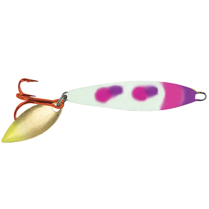 Moonshine Two-Faced Shiver Spoon fishing lure with white, pink, and purple body, featuring a red treble hook and a gold-colored spinning blade for effective fishing tackle use.