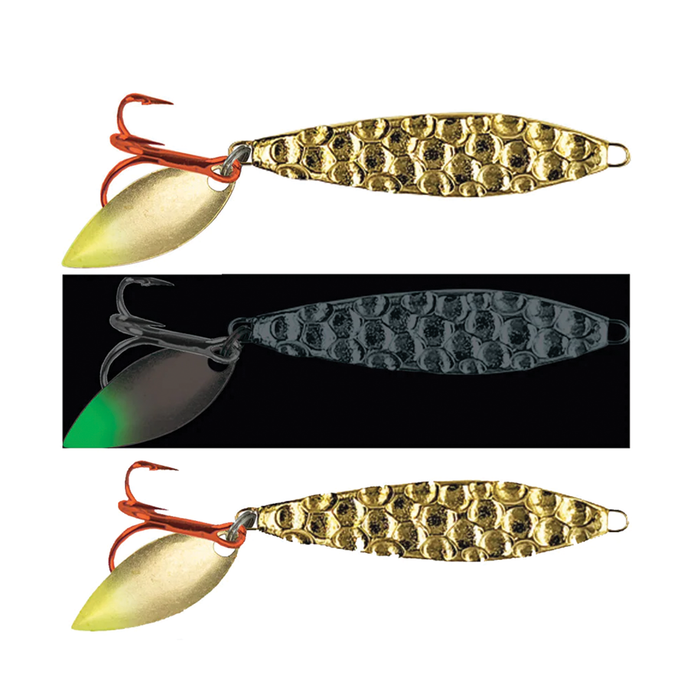 Moonshine Two-Faced Shiver Spoon fishing lure with textured gold finish, featuring a dual-colored blade and red and black treble hooks designed for effective fishing tackle use.