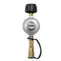 Mr. Heater Tank Quick Connect featuring a silver regulator with black adjustment knob and brass connector with attached safety clip for secure gas tank hookup.
