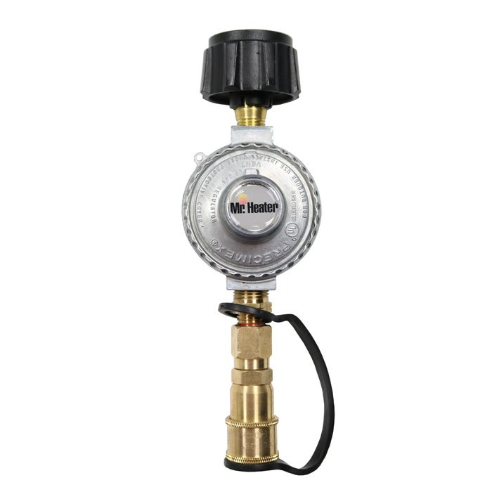 Mr. Heater Tank Quick Connect featuring a silver regulator with black adjustment knob and brass connector with attached safety clip for secure gas tank hookup.