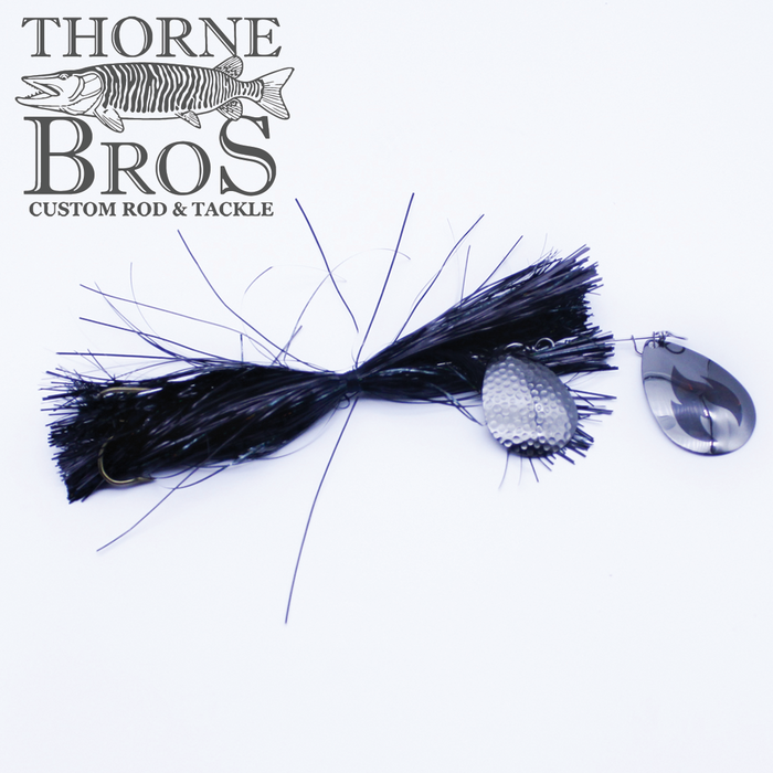 Musky Addicts Barn Burner 8/7C spinnerbait fishing lure with black skirt, silver hammered and smooth blades, designed for musky fishing by Thorne Bros Custom Rod & Tackle.