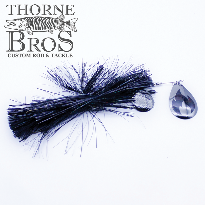 Musky Addicts Double Barn Burner 10/8C fishing lure featuring black skirted design with reflective silver spinner blades, ideal for musky fishing and custom tackle setups.