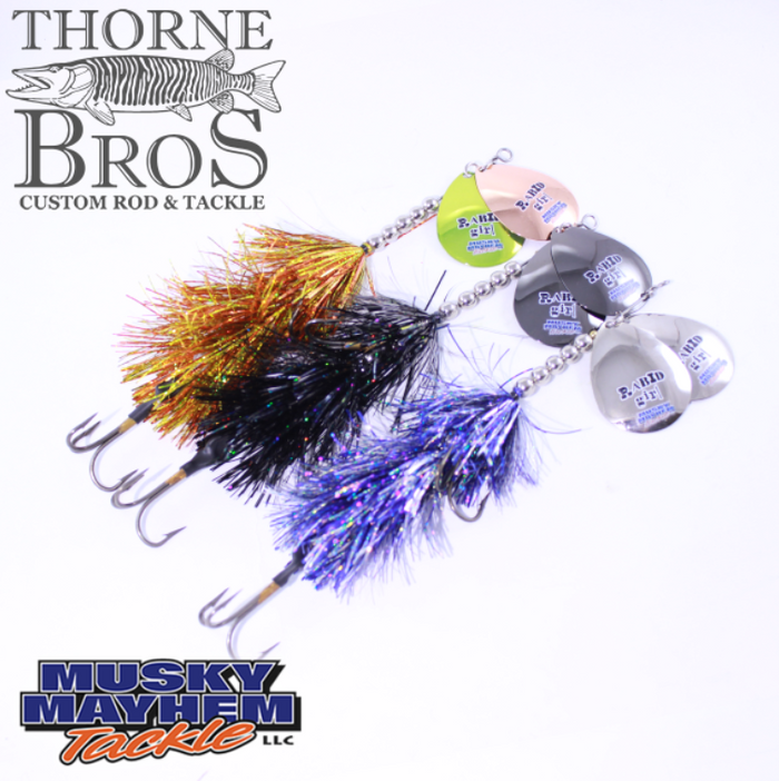 Musky Mayhem Rabid Girl 8" - Double Blades fishing lures with colorful tinsel skirts and dual metal spinner blades, designed for musky fishing by Thorne Bros.
