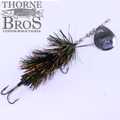 Musky Mayhem Rabid Girl 8" - Single Blade fishing lure with a black and iridescent tinsel body, silver bead chain, and single black blade designed for musky fishing.
