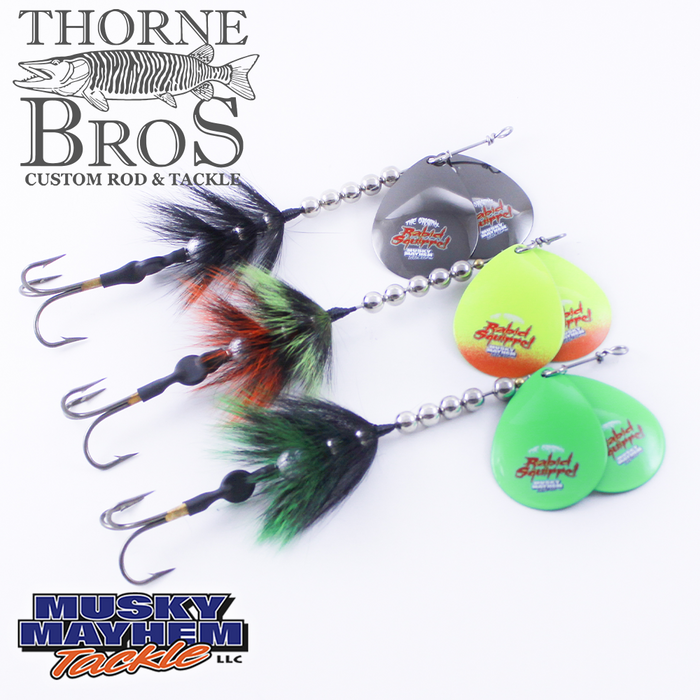 Three Musky Mayhem Rabid Squirrel 5" - Double Blades fishing lures in black, fluorescent yellow, and green with feathered treble hooks and metal bead chains, designed for musky fishing.
