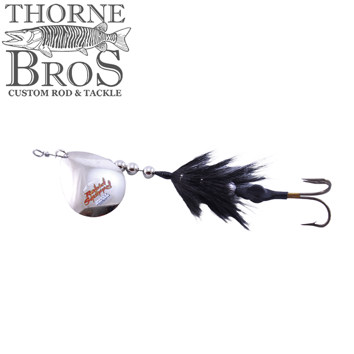 Musky Mayhem Rabid Squirrel 5" - Single Blade fishing lure with a shiny silver blade, black feather tail, and sharp treble hook designed for musky fishing.