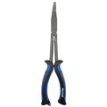 Mustad Bent Nose Pliers with long, narrow metal jaws and ergonomic black and blue handles designed for precision and comfort in fishing tackle applications.