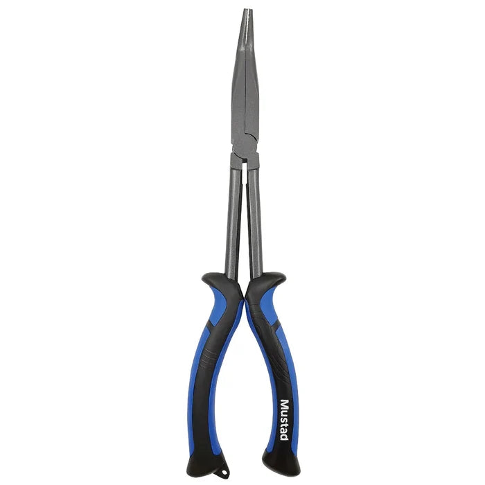 Mustad Bent Nose Pliers with long, narrow metal jaws and ergonomic black and blue handles designed for precision and comfort in fishing tackle applications.