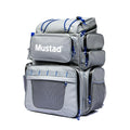 Mustad Game Time Backpack in gray with blue accents, featuring multiple zippered compartments and mesh pockets designed for organized fishing tackle storage.