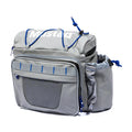 Mustad Game Time Hip Bag in gray with blue accents, featuring multiple zippered compartments, mesh pocket, and adjustable cord for secure storage during fishing activities.
