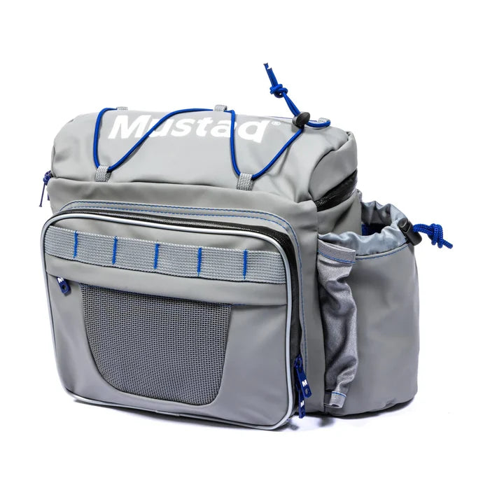 Mustad Game Time Hip Bag in gray with blue accents, featuring multiple zippered compartments, mesh pocket, and adjustable cord for secure storage during fishing activities.