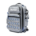 Gray Mustad Game Time Sling Pack with multiple zipped compartments, external webbing, side pouch, and padded shoulder strap designed for organized fishing tackle storage.