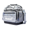 Gray and black Mustad Game Time Tote with multiple zippered compartments, durable fabric, padded shoulder strap, and exterior mesh pocket for organized fishing tackle storage.