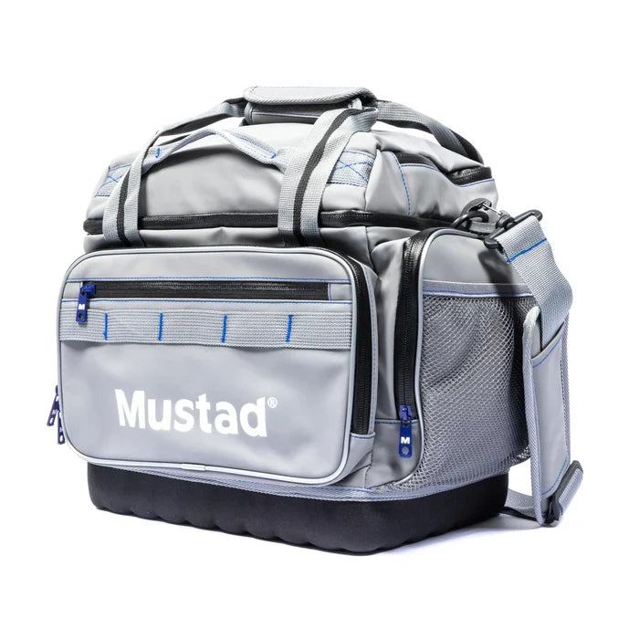 Gray and black Mustad Game Time Tote with multiple zippered compartments, durable fabric, padded shoulder strap, and exterior mesh pocket for organized fishing tackle storage.