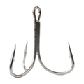 Close-up of a silver Mustad In-Line Triple Grip Treble Hooks with three sharp barbed points designed for secure fishing lure attachment and improved catch efficiency.