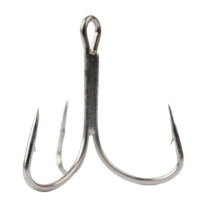 Close-up of a silver Mustad In-Line Triple Grip Treble Hooks with three sharp barbed points designed for secure fishing lure attachment and improved catch efficiency.