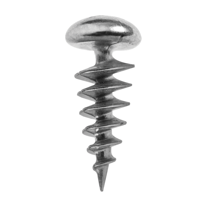 Close-up of a silver-colored Mustad Tungsten Titanx - Neko Screw Weight with a rounded head and threaded body, designed for secure attachment in fishing tackle.