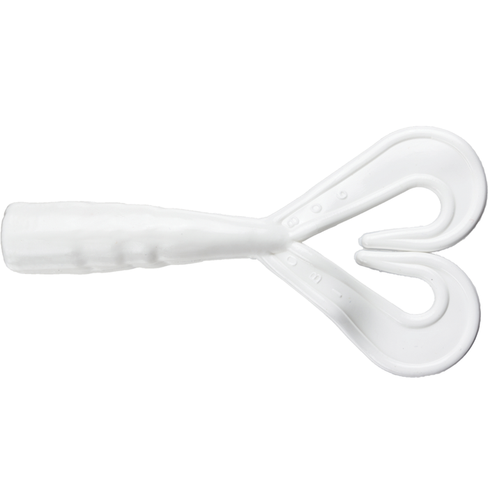 White soft plastic fishing lure with a ribbed body and two curled tail sections, designed for freshwater fishing, identified as the Mutiny Baits Assassin Shrimp Tail.