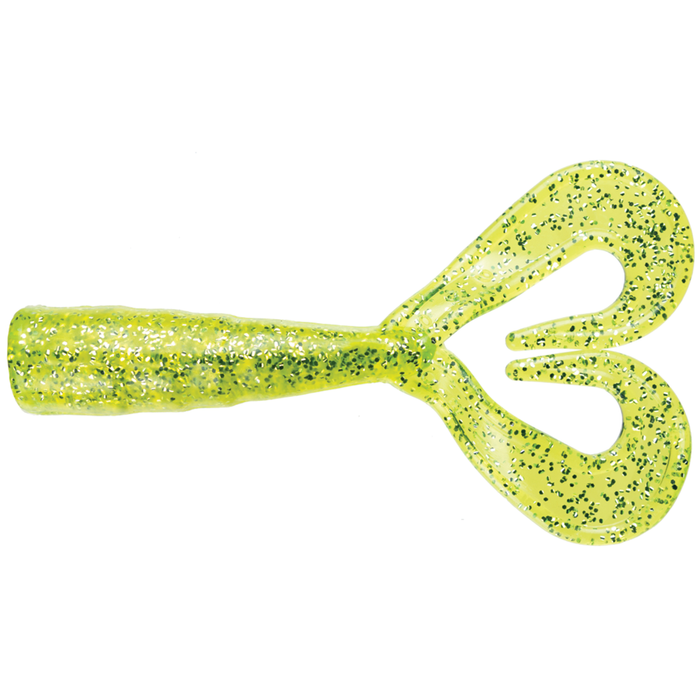 Mutiny Baits Assassin Shrimp Tail in translucent chartreuse with black speckles, soft plastic fishing lure designed for freshwater fishing tackle.