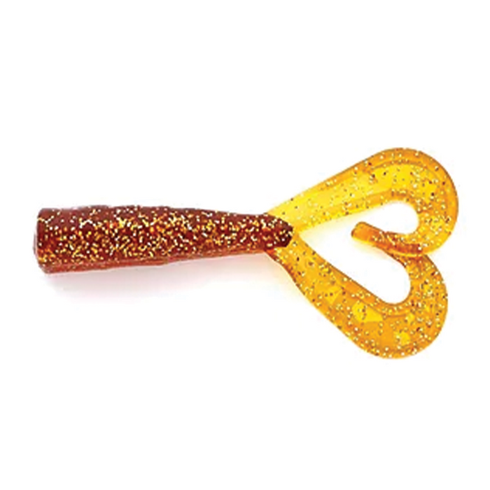 Soft plastic fishing lure in brown and translucent orange with glitter, designed with twin curled tails, Mutiny Baits Assassin Shrimp Tail for fishing tackle.