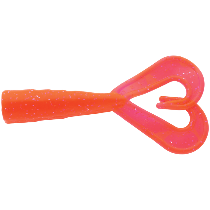 Bright orange Mutiny Baits Assassin Shrimp Tail soft plastic fishing lure with twin curled tails and embedded glitter for enhanced attraction in fishing tackle.