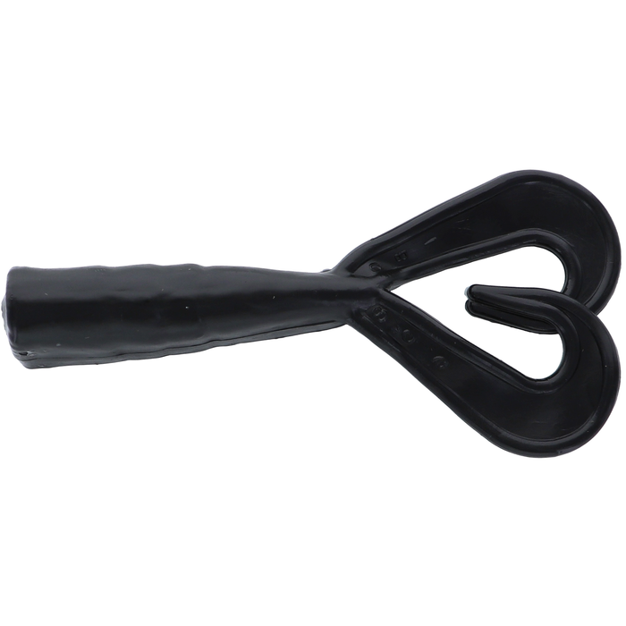 Mutiny Baits Assassin Shrimp Tail fishing lure in black, featuring a soft, ribbed body with two curled tail sections designed for lifelike movement in water.