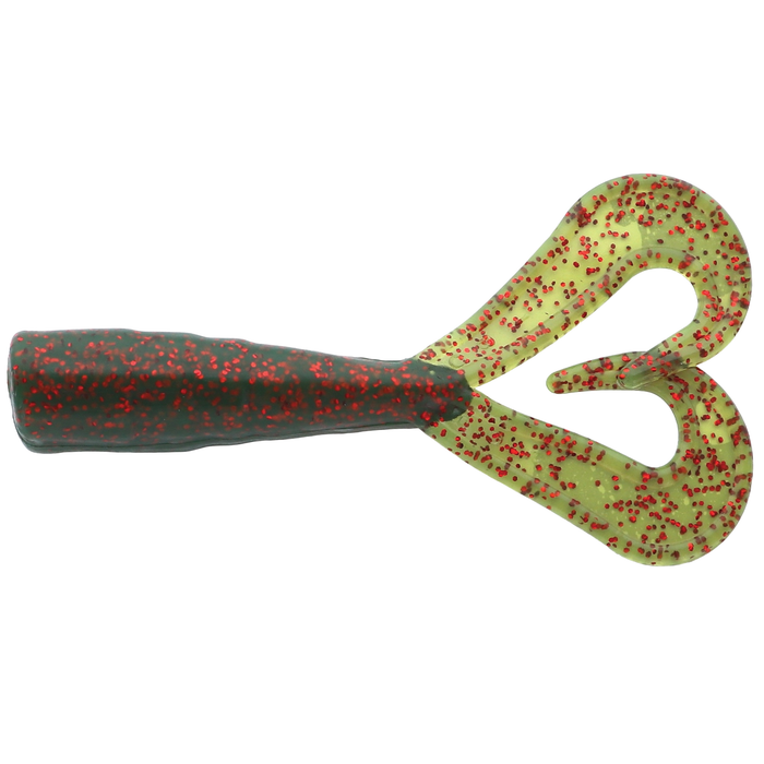Mutiny Baits Assassin Shrimp Tail fishing lure in dark green and translucent light green with red speckles, featuring a split tail design for lifelike movement in water.