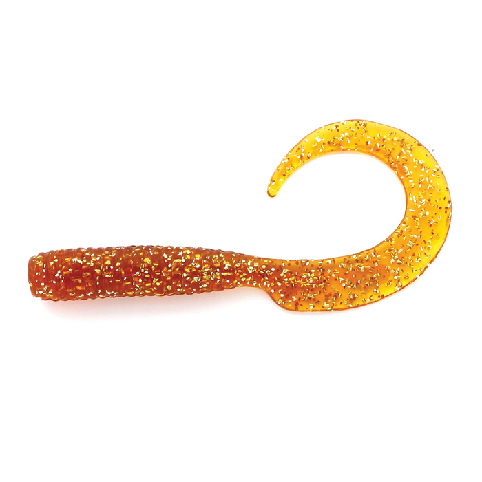 Soft, flexible orange fishing lure with glitter flecks and a curled tail, designed for fishing tackle, named Mutiny Baits Captain Hook Grub.