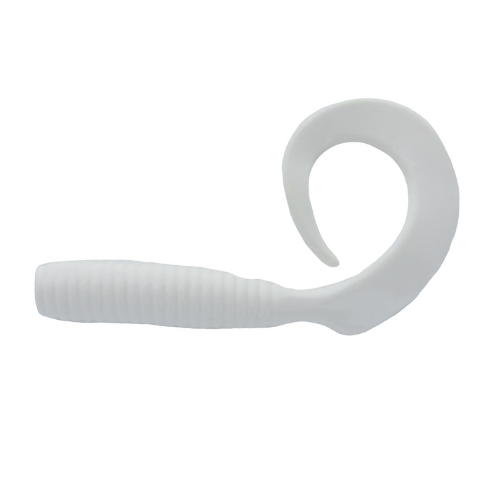 Mutiny Baits Captain Hook Grub fishing lure in solid white with a ribbed body and a curled tail designed to attract fish in various water conditions.