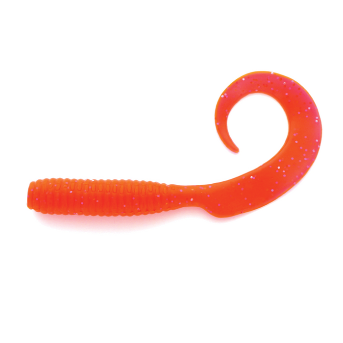 Mutiny Baits Captain Hook Grub soft plastic fishing lure in bright orange with a ribbed body and curled tail designed for enhanced movement in water.