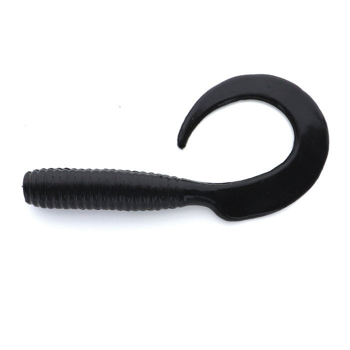 Mutiny Baits Captain Hook Grub fishing lure in solid black with a ribbed body and large curved tail designed for lifelike movement in water.