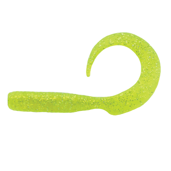 Bright chartreuse soft plastic fishing lure with a curly tail featuring embedded glitter, designed for use in fishing tackle setups called Mutiny Baits Captain Hook Grub.
