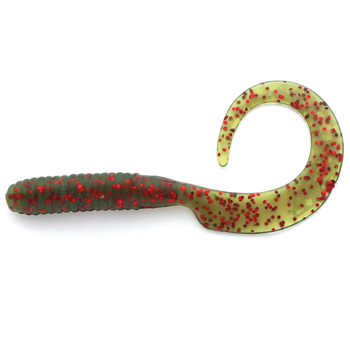Mutiny Baits Captain Hook Grub soft plastic fishing lure in translucent green with red glitter, featuring a ribbed body and large curled tail for lifelike movement.