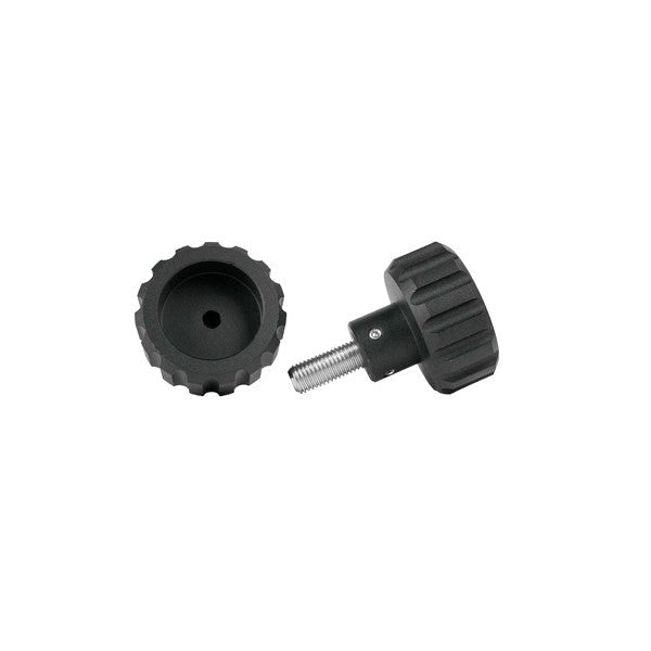 Pair of black NBT Marine Gimbal Knobs with textured gripping surfaces and metal threaded inserts designed for secure attachment to fishing rods or marine equipment.
