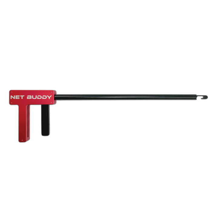 Net Buddy DWF Hookout fishing tool with a red handle labeled "NET BUDDY" and an extended black shaft with a hooked end for assisting with fishing tackle and nets.