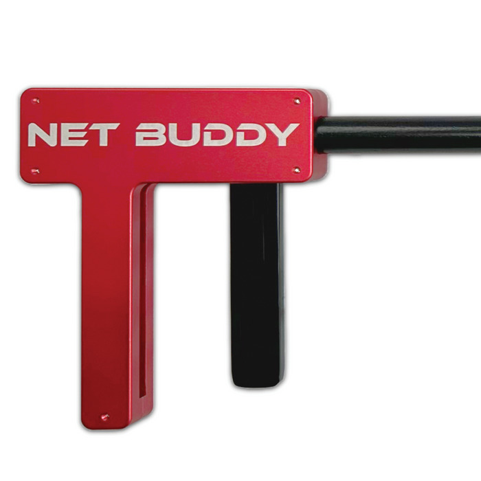 Red and black fishing net handle attachment with the words Net Buddy in white, designed to help anglers hook fish more easily, shown as Net Buddy DWF Hookout tool.