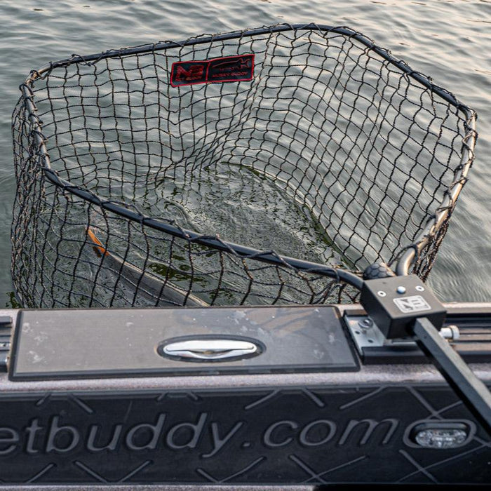 Net Buddy Musky Buddy Net attached to a boat, featuring a large, deep black mesh net designed for catching musky fish in open water.